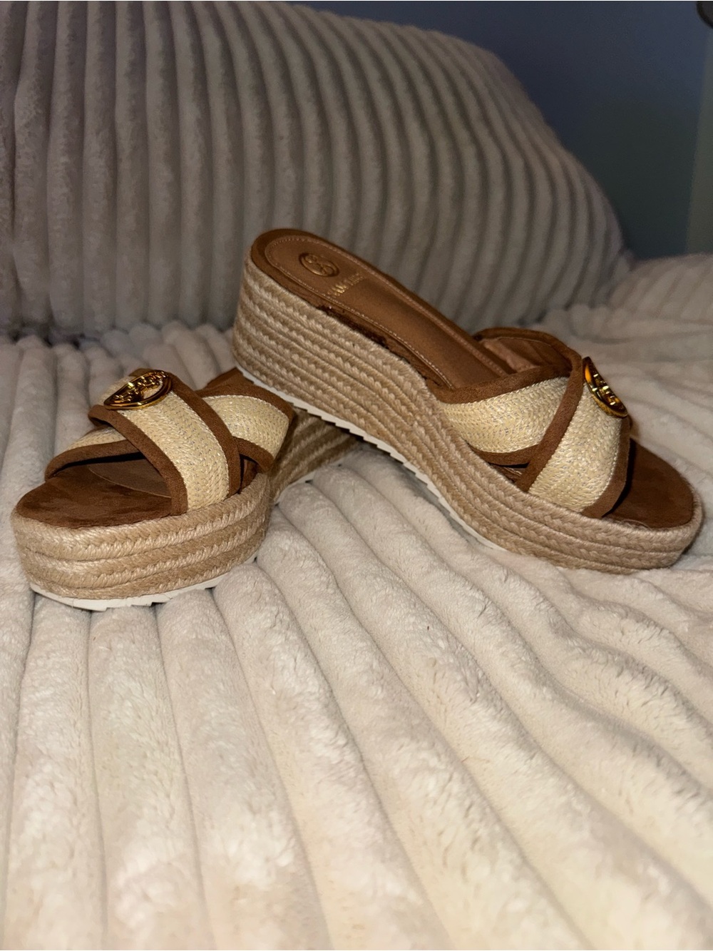 Wedge Sam and Libby Slide Sandals in Tan and Cream